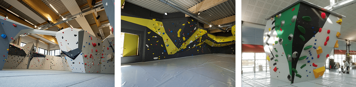 A room with a wall climbing area and a ramp.