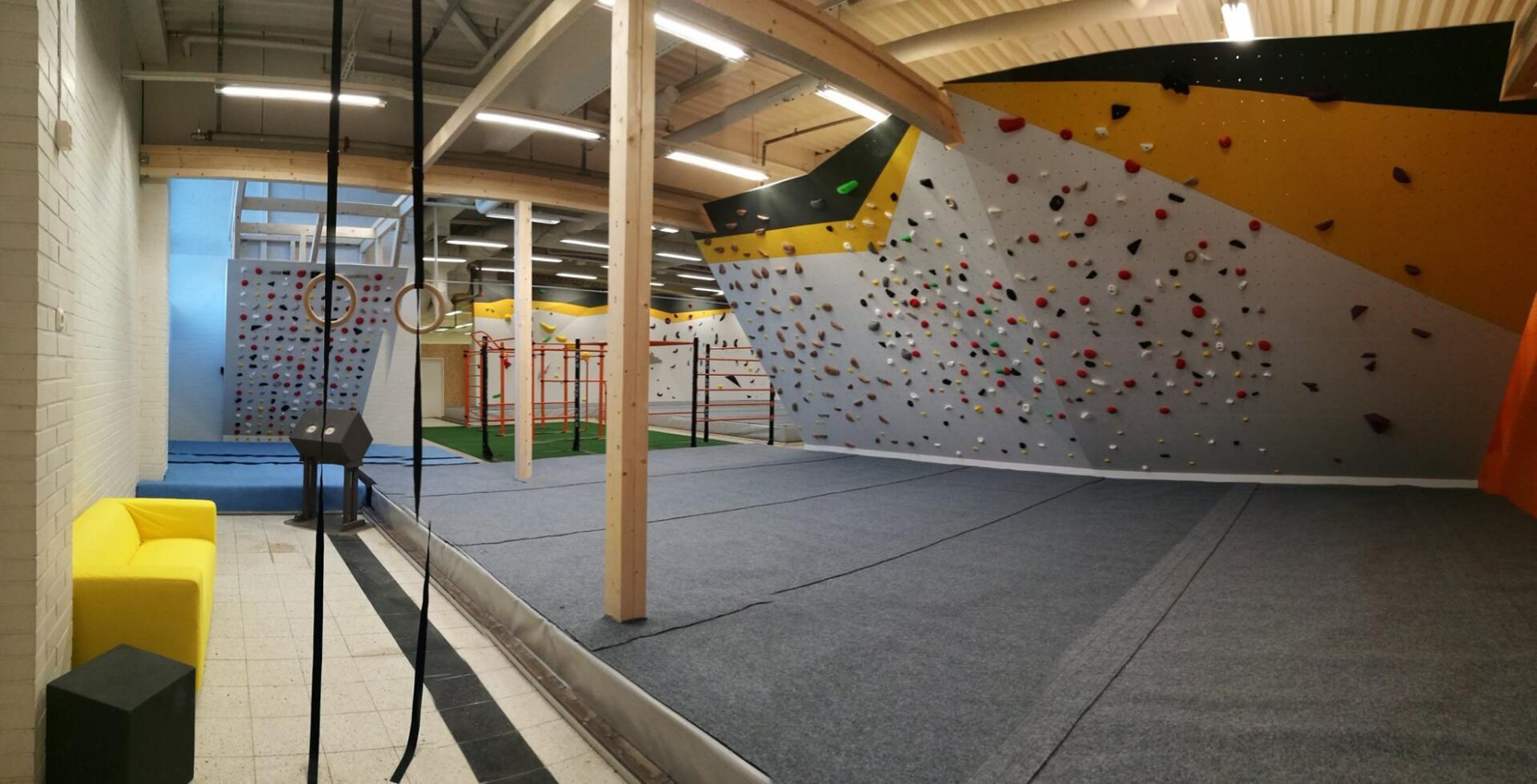 A large indoor climbing wall with many ropes.